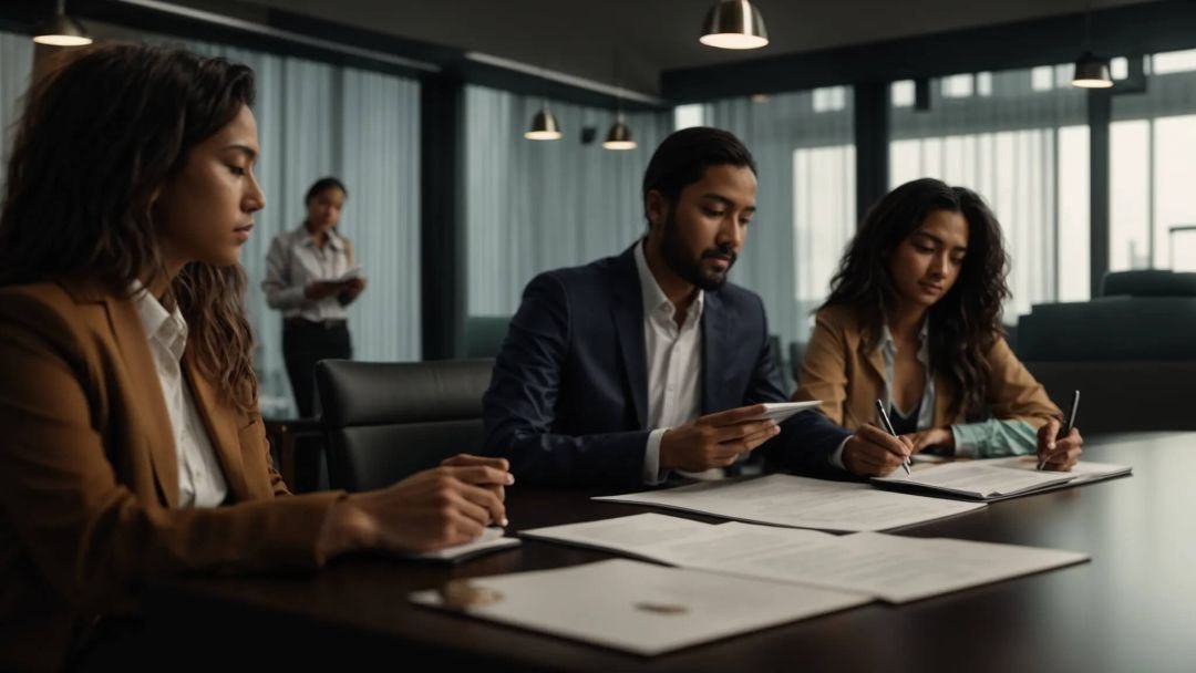Three employees reviewing proposal paperwork discussing what is rfp management strategy